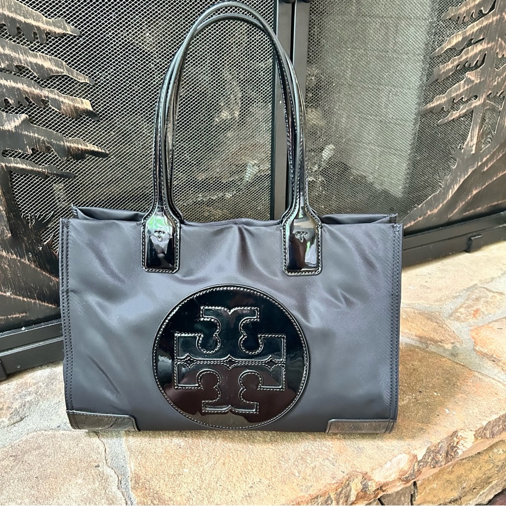Tory Burch Black Nylon Ella Patent Mini Tote
